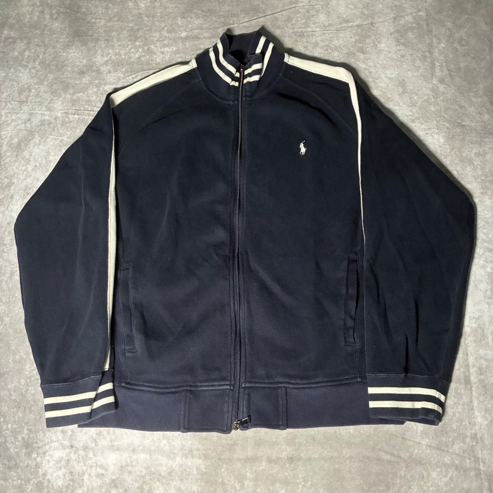 Vintage Polo Ralph Lauren Track Jacket Navy Blue White Stripe Full Zip Mens L